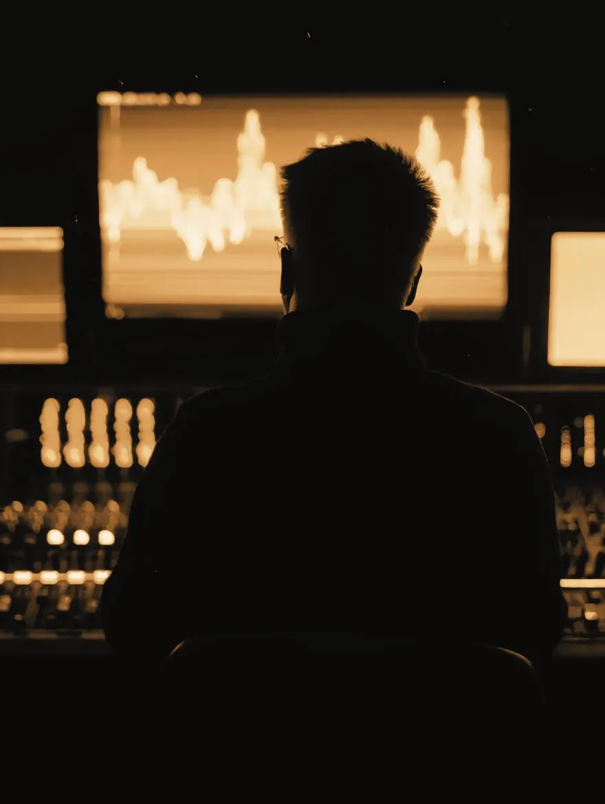 Skyloop Beats im Studio – Silhouette am Mischpult vor leuchtenden Monitoren